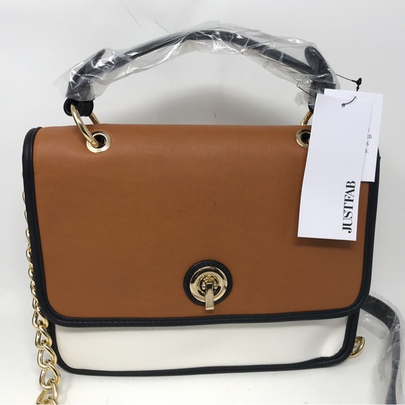 JustFab Color Blocked Messenger Bag, Size  10”L x 8”H x 4”D - Black/Cognac/White - Picture 7 of 13